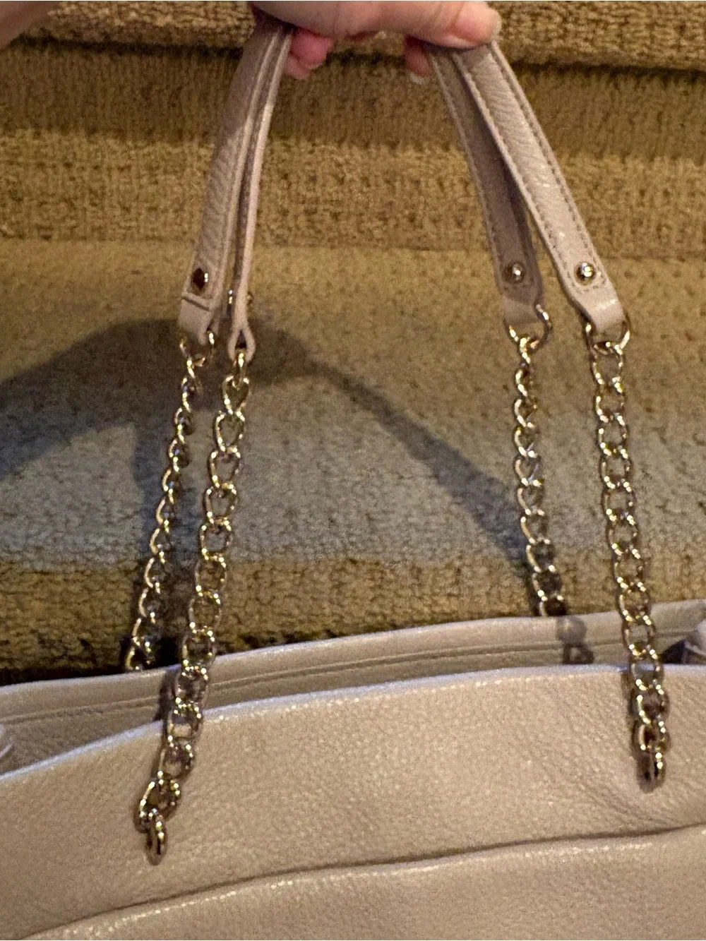 Kate Spade Beige Phoebe Emerson Shimmery Pebbled Gold Chain Leather Bag 8”x12”